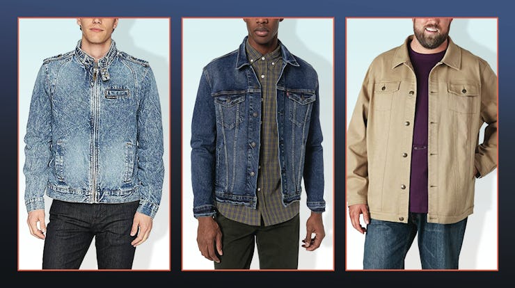 Three men wearing levis trucker stonewashed denim jackets in different colors