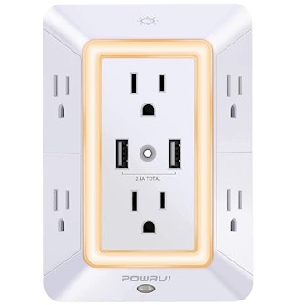 POWRUI 6-Outlet Extender with 2 USB Charging Ports (2.4A Total) and Night Light