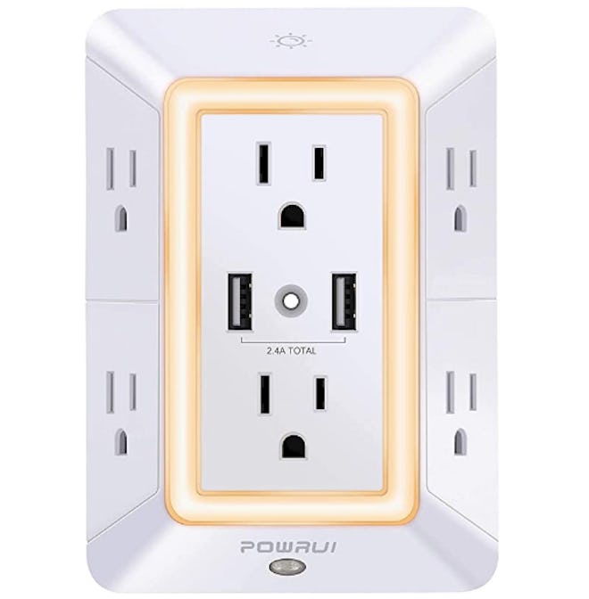 POWRUI 6-Outlet Extender with 2 USB Charging Ports (2.4A Total) and Night Light