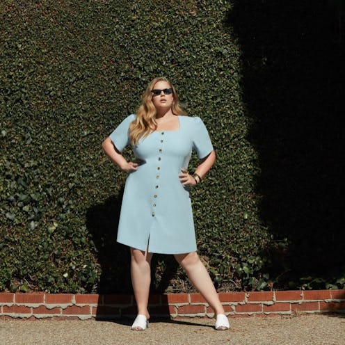 Model wearing blue ALMOST THERE dress.