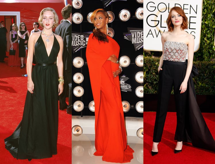 A three-part collage with Chloes Sevigny, Beyonce and Emma Stone wearing Alber Elbaz looks