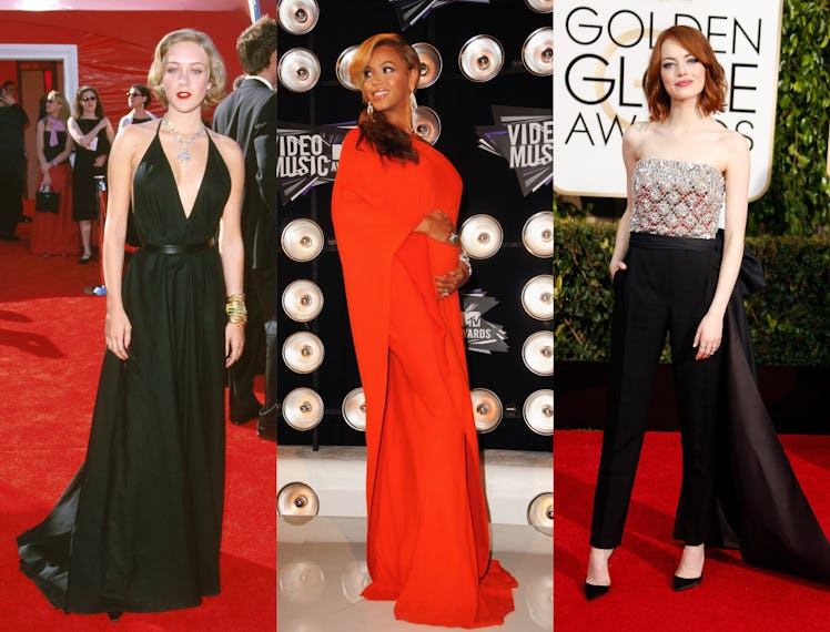 A three-part collage with Chloes Sevigny, Beyonce and Emma Stone wearing Alber Elbaz looks