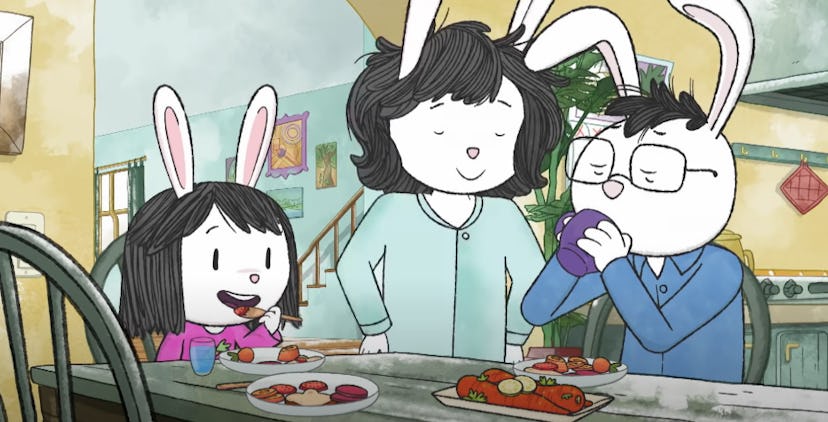 A bunny family eats together in 'Elinor Wonders Why'