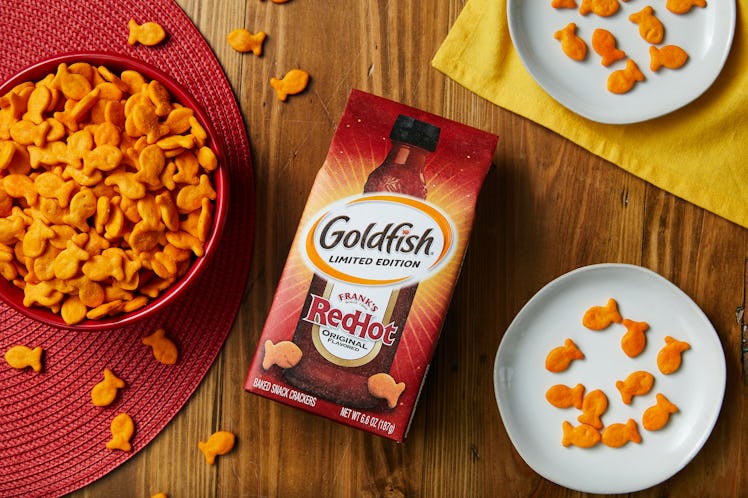 These Goldfish Frank's RedHot sauce-flavored crackers will be available in May for a limited time.