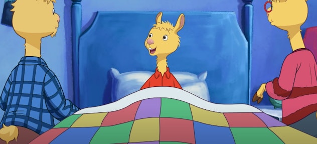 Little Llama sits in bed in this toddler TV show