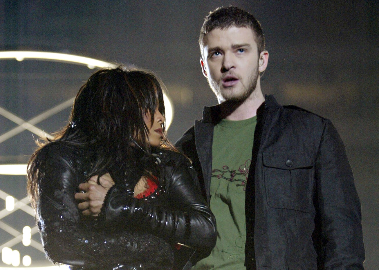 The infamous 2004 Super Bowl halftime show nip slip incident involving Janet Jackson and Justin Timb...