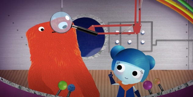 Girl and monster sit together in 'ABC Galaxy', which 2 year olds will love