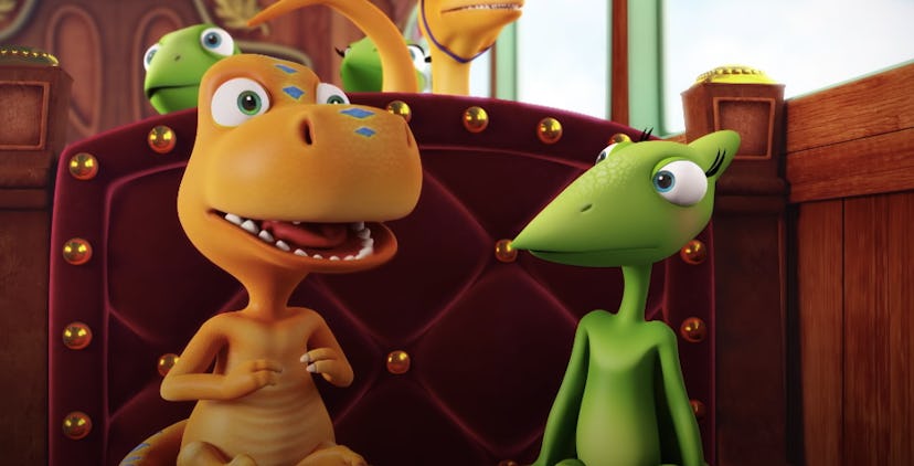 Two dinosaurs sitting together in toddler show 'Dinosaur Train'