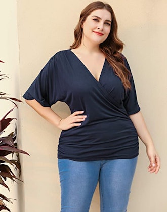 IN'VOLAND Plus Size Wrap Short Sleeve Shirt