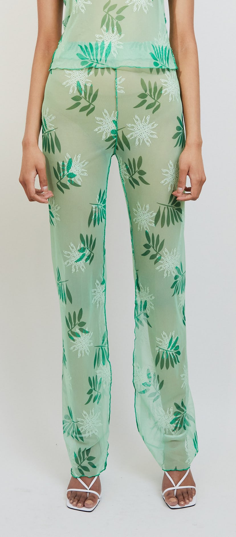 Sheer Plant Print Mesh Pants