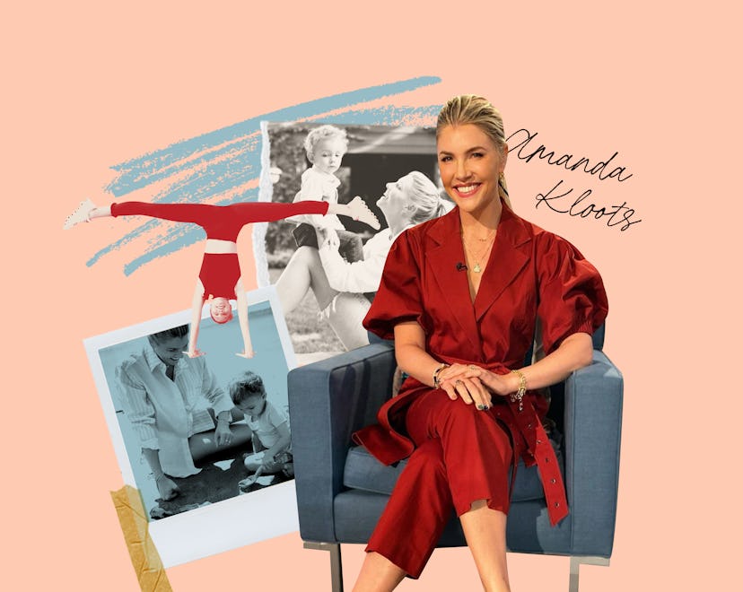 A collage of Amanda Kloots in a blue armchair and photos of her and her kid