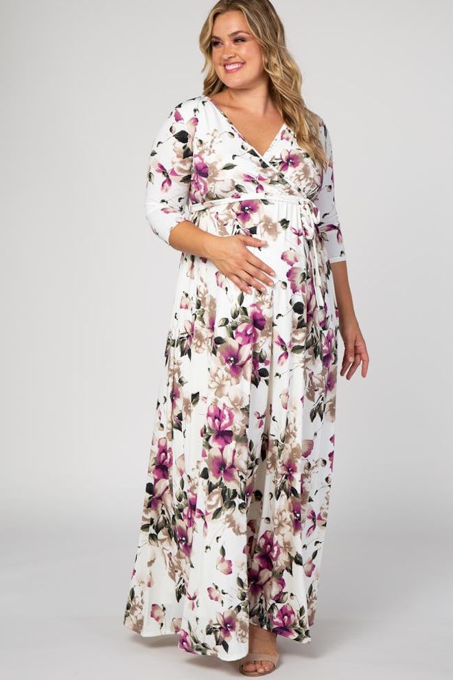 White Floral Plus Maternity/Nursing Wrap Maxi Dress
