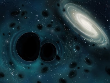 Artist’s illustration of two massive black holes in the midst of joining together, surrounded by man...