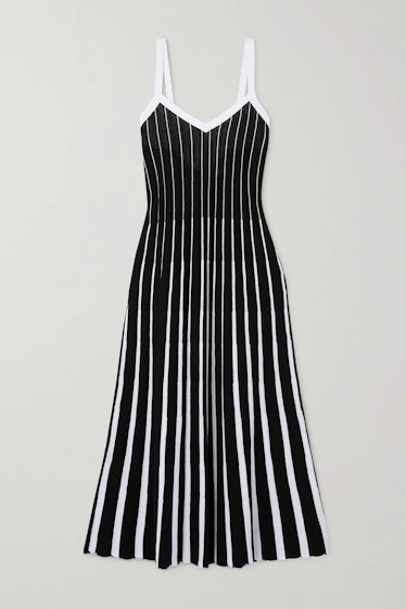 Tie-Back Striped Ribbed Cotton Midi Dress