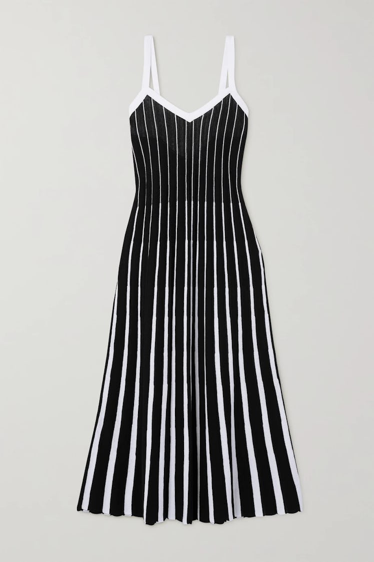 Tie-Back Striped Ribbed Cotton Midi Dress