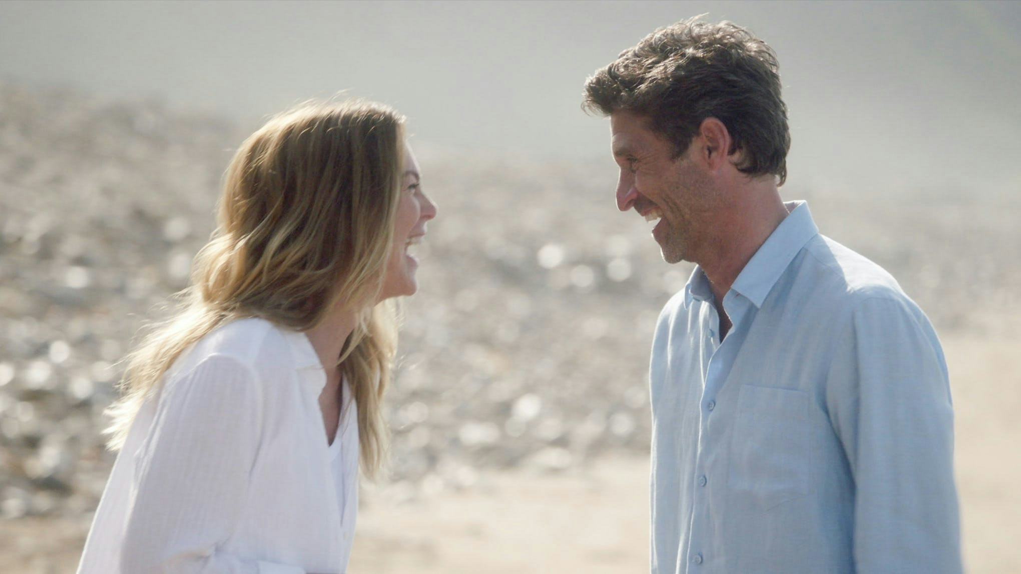 Ellen Pompeo as Meredith Grey and Patrick Dempsey as Derek Shepherd in Grey's Anatomy Season 17.