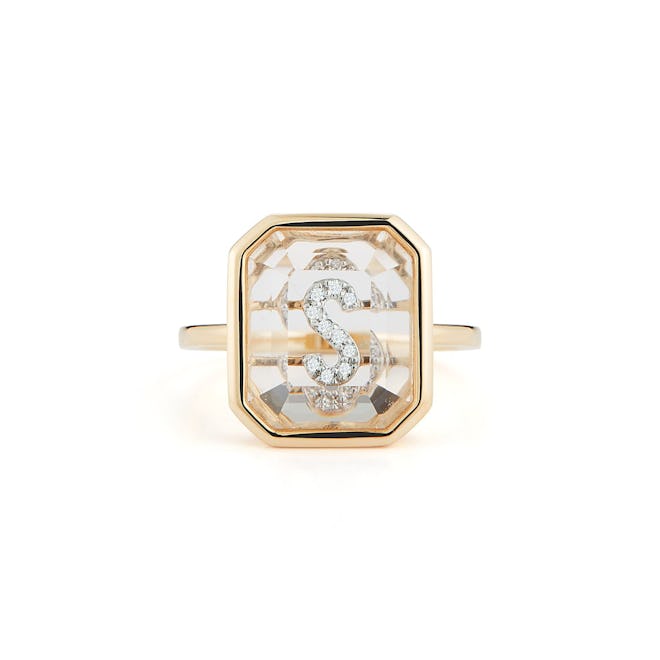 14K Gold Frame Crystal Quartz Secret Diamond Initial Ring
