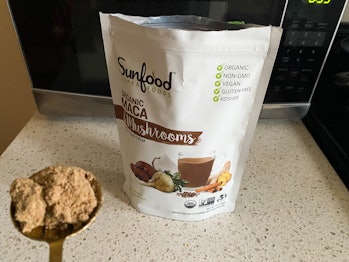 Sunfood superfoods maca and mushrooms mix in spoon