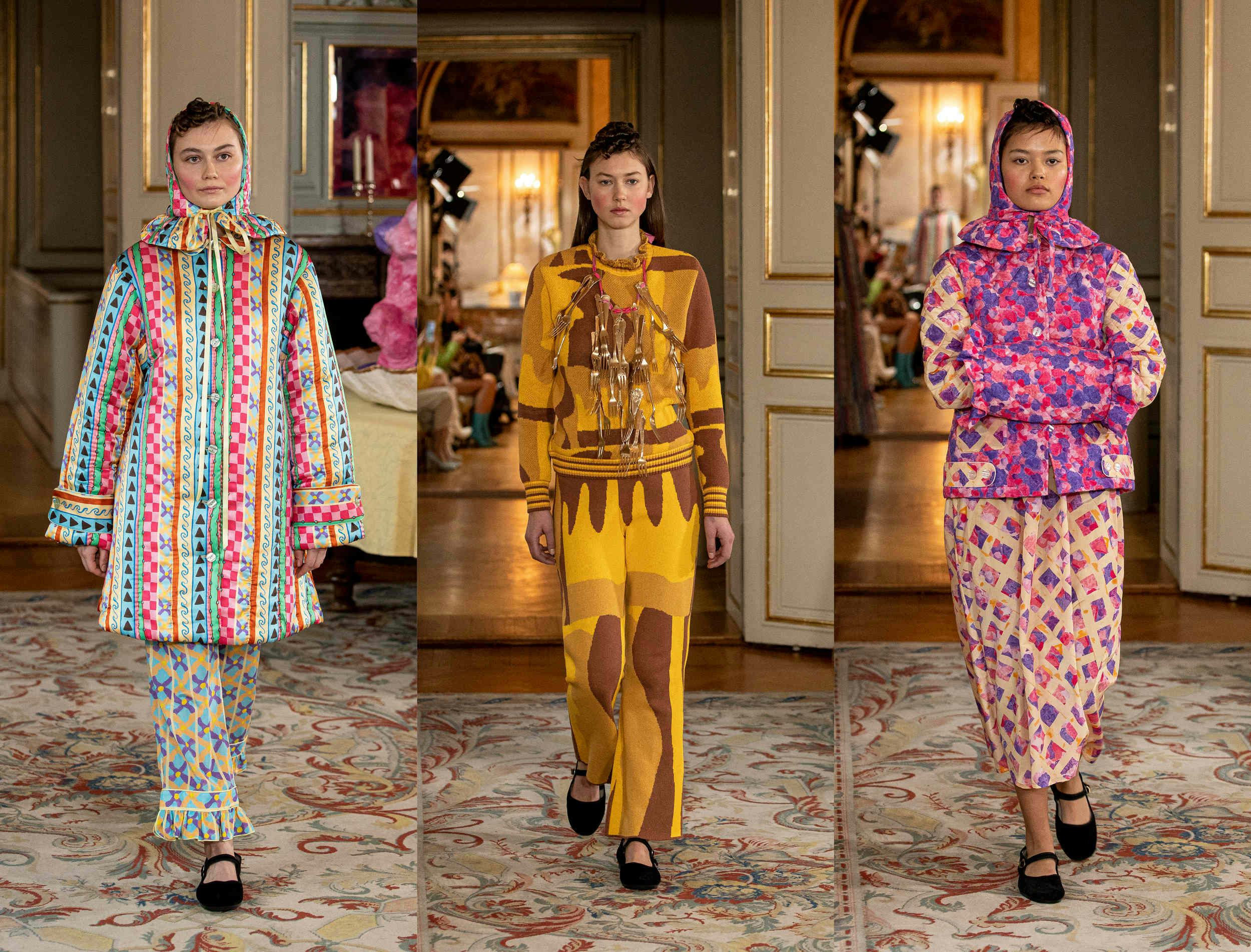 A three-part collage with models on the runway from Helmstedt's fall 2020 collection showed at Copen...