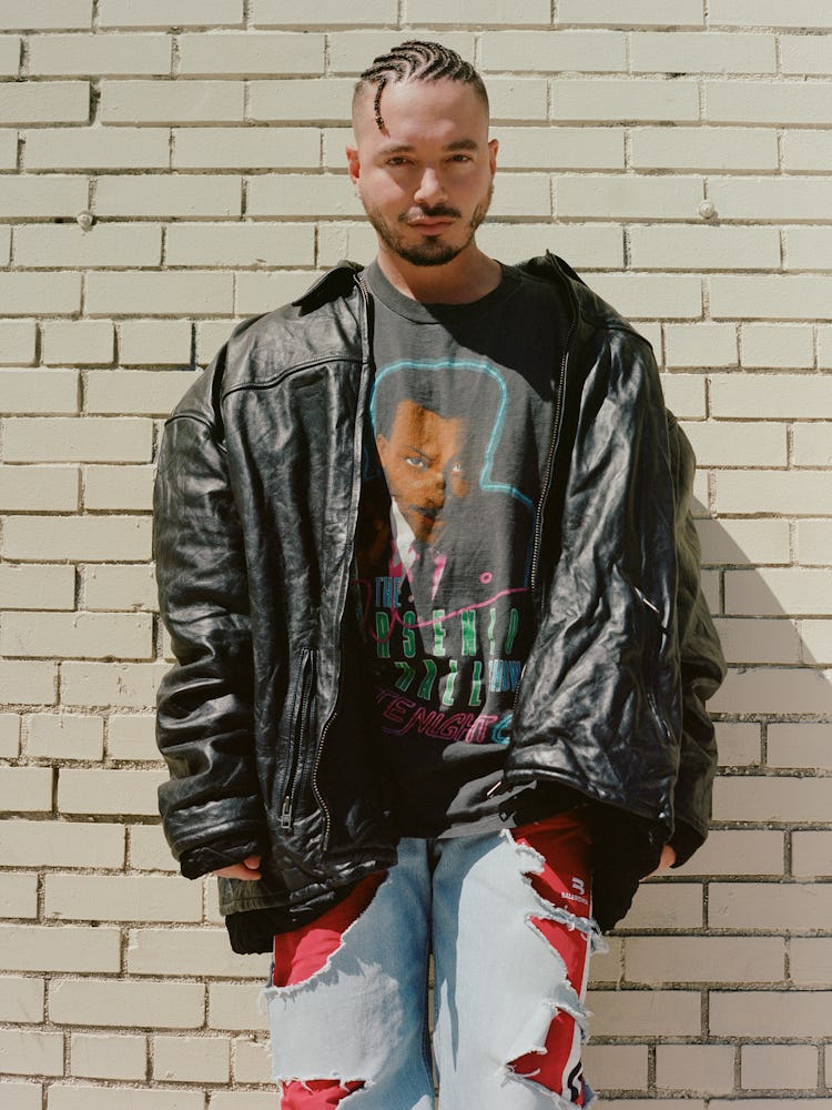 J Balvin in a Balenciaga jacket, jeans, and shoes; his own T-shirt.