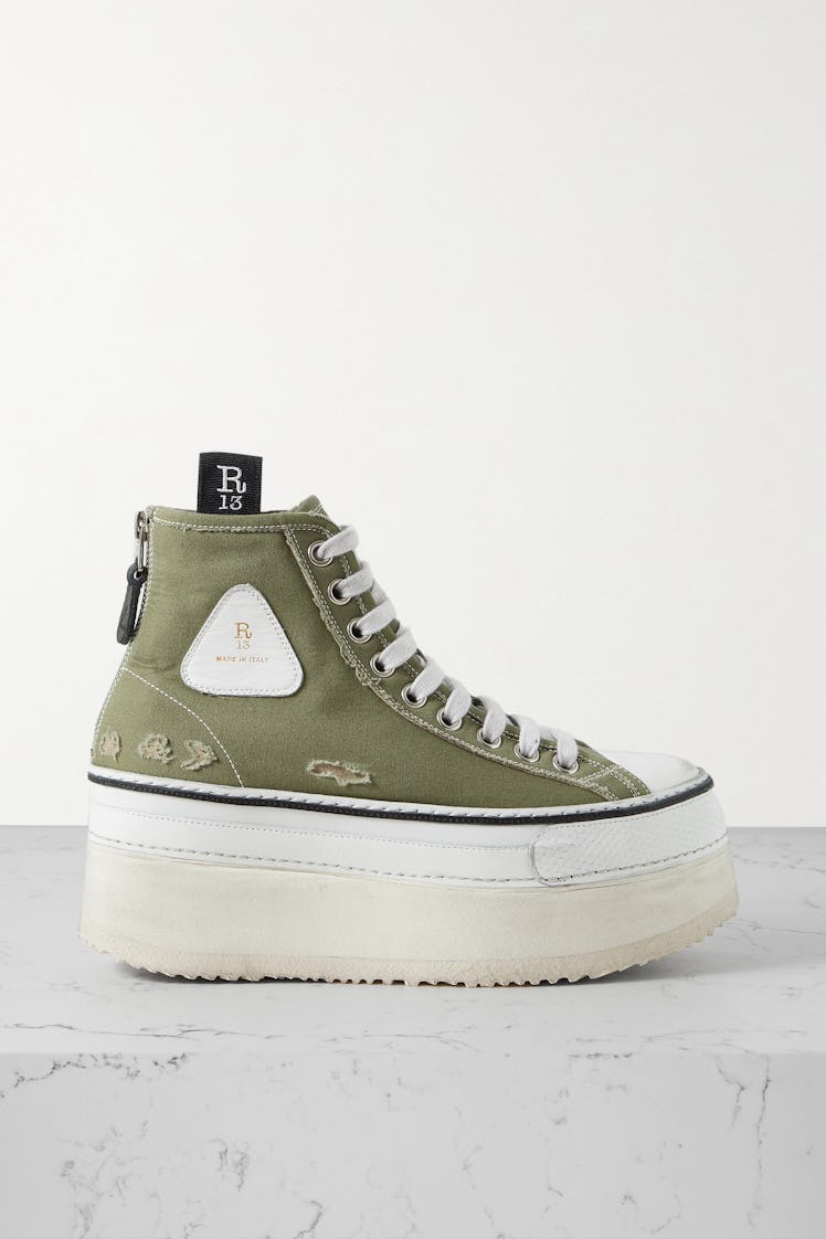 Grosgrain-Trimmed Distressed Canvas Platform High-Top Sneakers