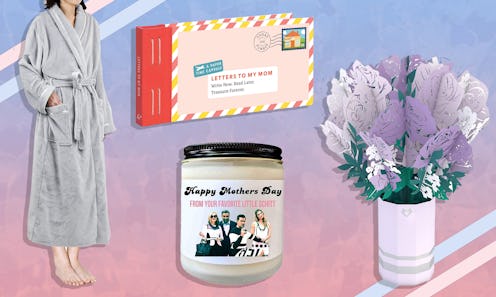 A collection of heartwarming gifts for your mom, a bathrobe, a letter, body lotion and flowers
