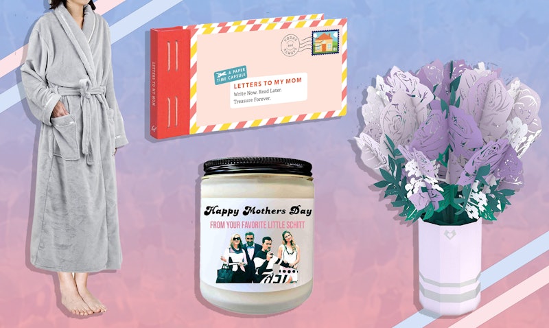 A collection of heartwarming gifts for your mom, a bathrobe, a letter, body lotion and flowers