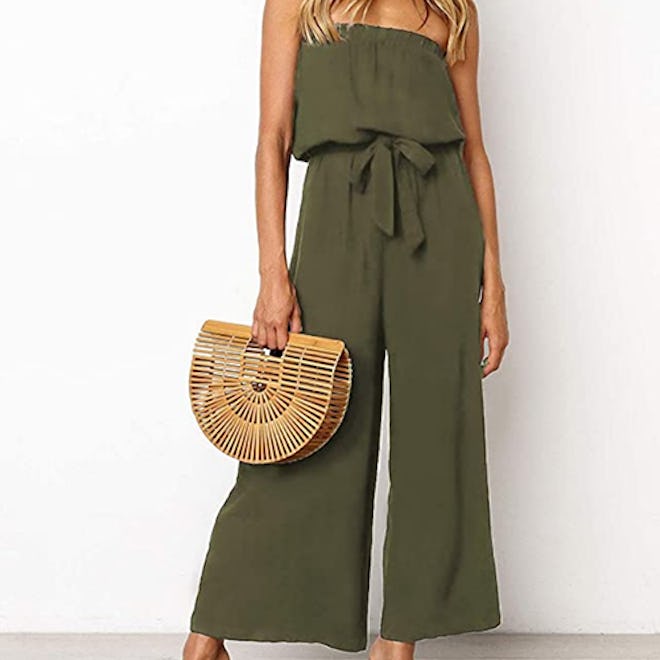 ZESICA Strapless Belted Wide Leg Jumpsuit