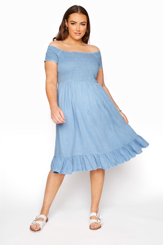 Blue Acid Wash Shirred Bardot Dress