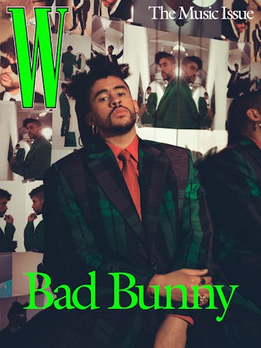 Bad Bunny wears a Louis Vuitton Men’s jacket, shirt, skirt, and tie; rings: (from top) Vitaly, Jewel...