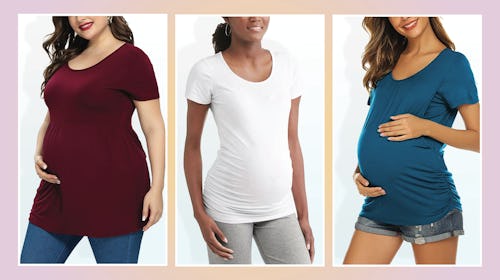 A collage photo of three women wearing maternity t-shirts in burgundy, white and blue