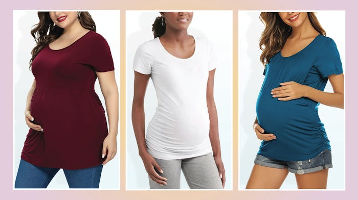 A collage photo of three women wearing maternity t-shirts in burgundy, white and blue