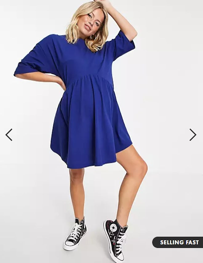 Maternity oversized mini smock dress with dropped waist in navy