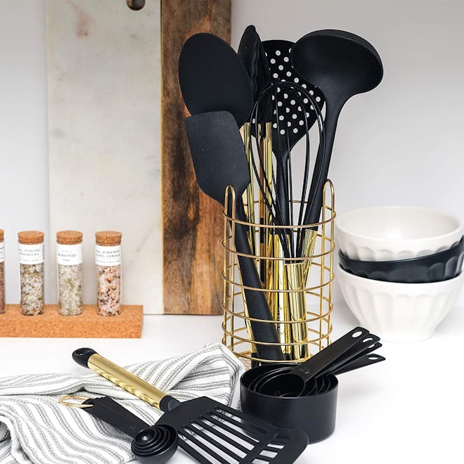 STYLED SETTINGS Black and Gold Kitchen Utensils & Holder (18-PC)