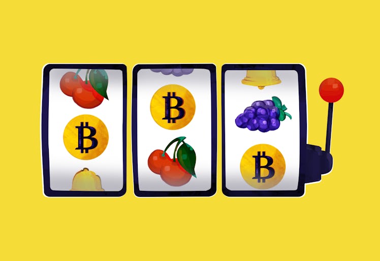 a slot machine with bitcoin symbols