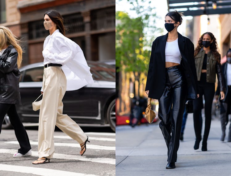 Collage of Kendall Jenner walking with face masks on a street