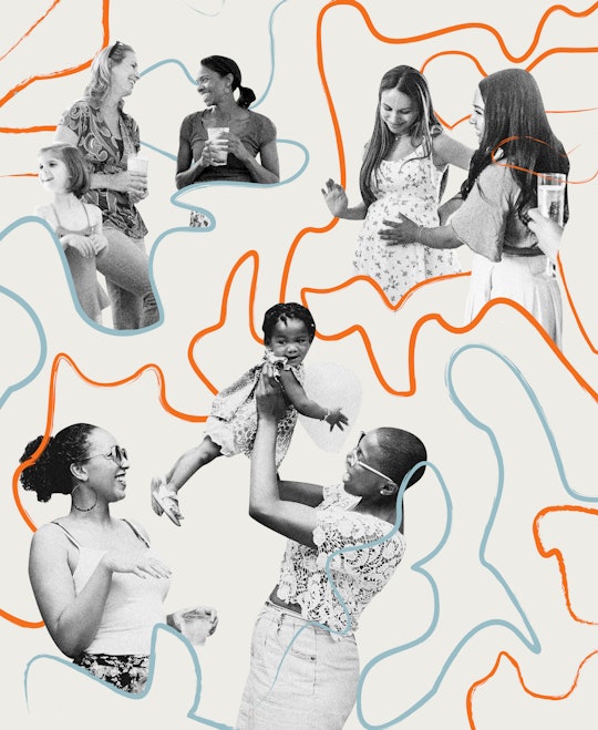 Collage of moms chatting, mom holding a baby and woman caressing her friend's pregnant belly.