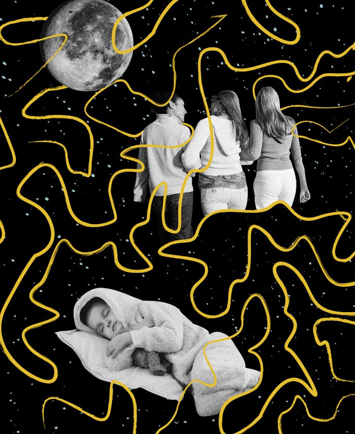The night sky with stars and the moon along with yellow doodles, a group of moms and a sleeping baby