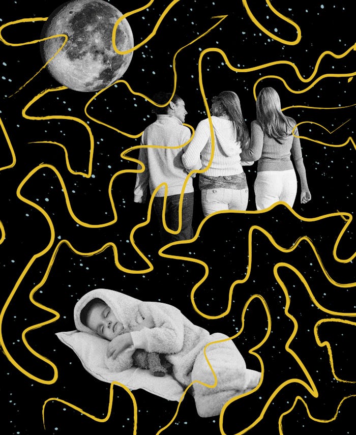The night sky with stars and the moon along with yellow doodles, a group of moms and a sleeping baby