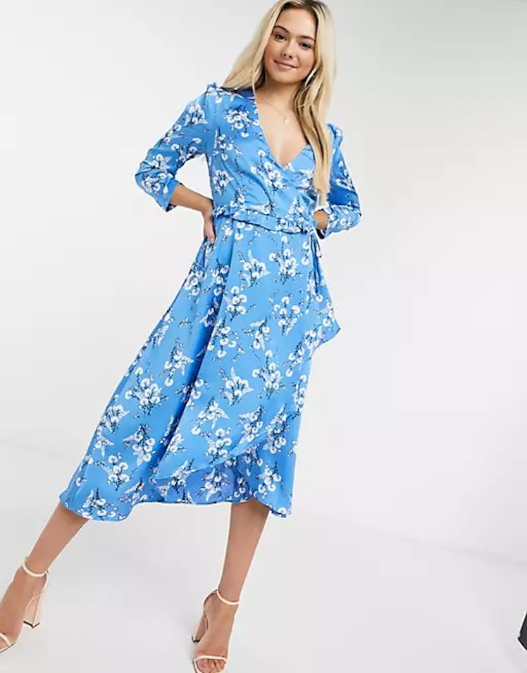 Midi Dress With Long Sleeves In Blue Floral Print