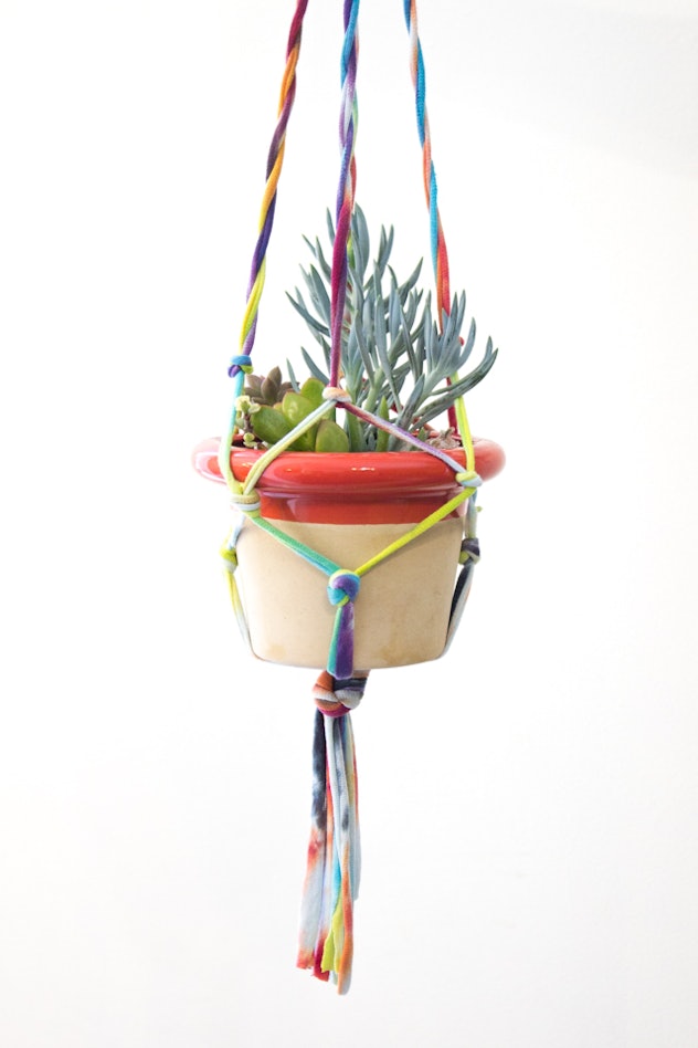 Hanging planter made from tie-dye tee shirt is a great DIY mother's day gift idea
