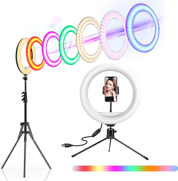 10" Selfie Ring Light with Stand and Phone Holder, Adjustable RGB Rainbow Ring Light