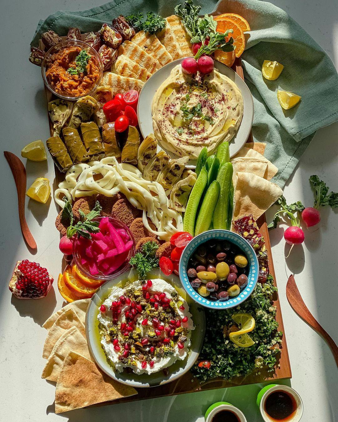 Vegetarian mezze plate served on the grazing board