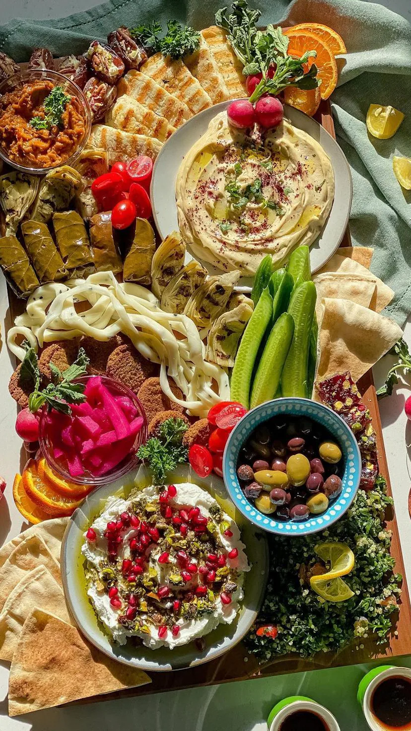 Vegetarian mezze plate served on the grazing board