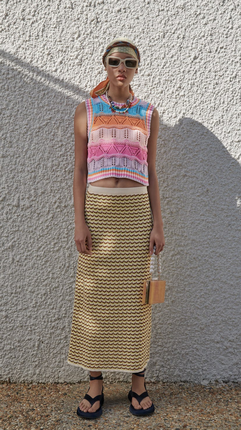 Model wearing Zara crochet knit top.