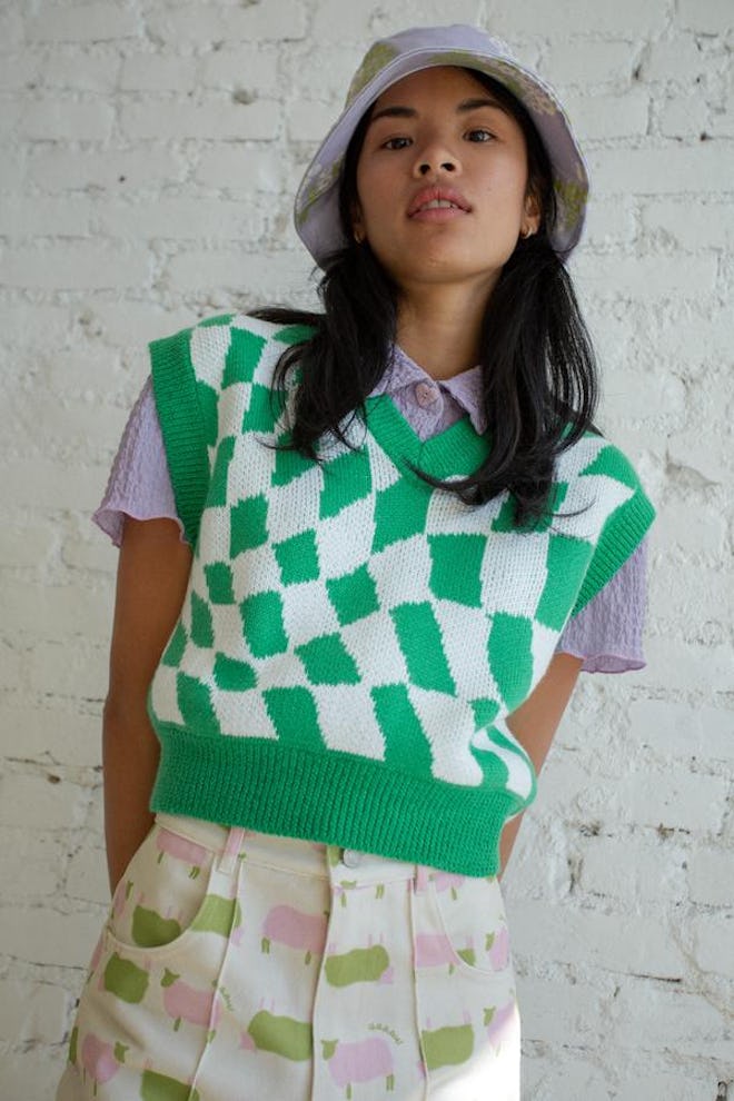 Vera Sweater Vest - Green Warp Check