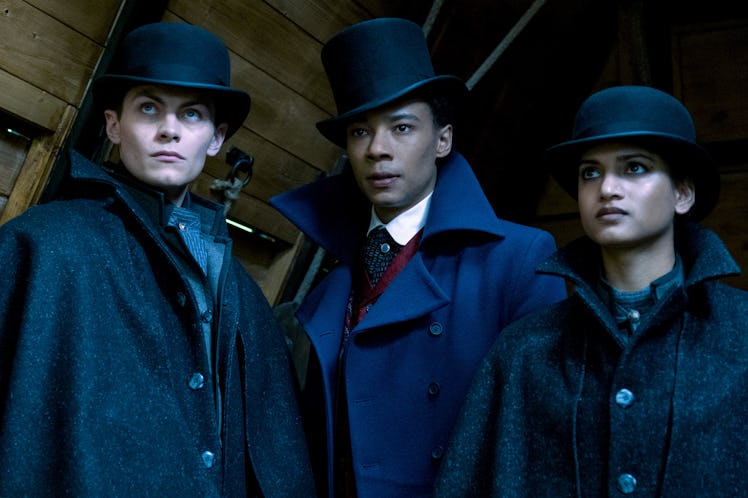 Freddy Carter as Kaz, Kit Young as Jesper, and Amita Suman as Inej in Shadow and Bone.
