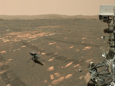 NASA’s Perseverance Mars rover took a selfie with the Ingenuity helicopter, seen here about 13 feet ...