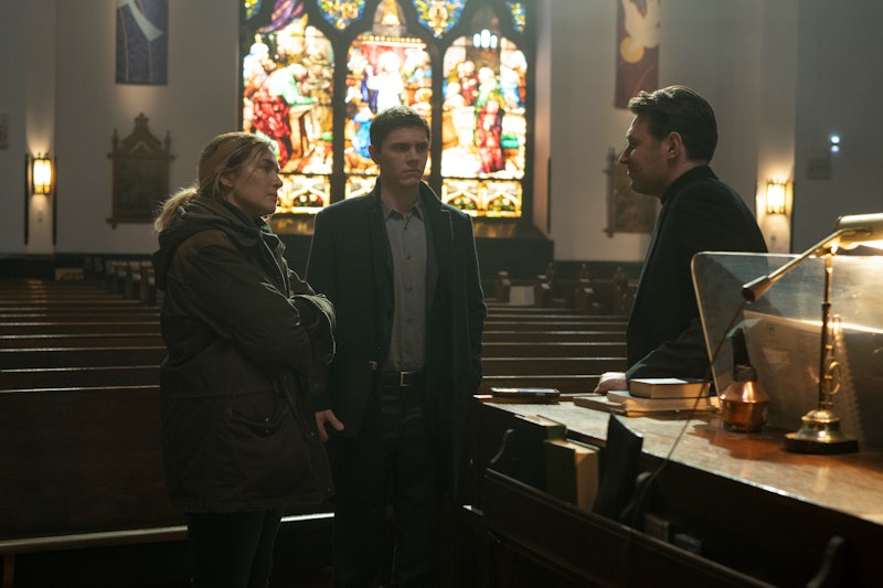Kate Winslet, Evan Peters, James McArdle in Mare of Easttown on HBO via Warner Media Press Site