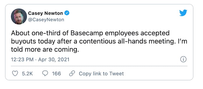 Software company Basecamp has lot a third of its workforce in response to new company policy barring...